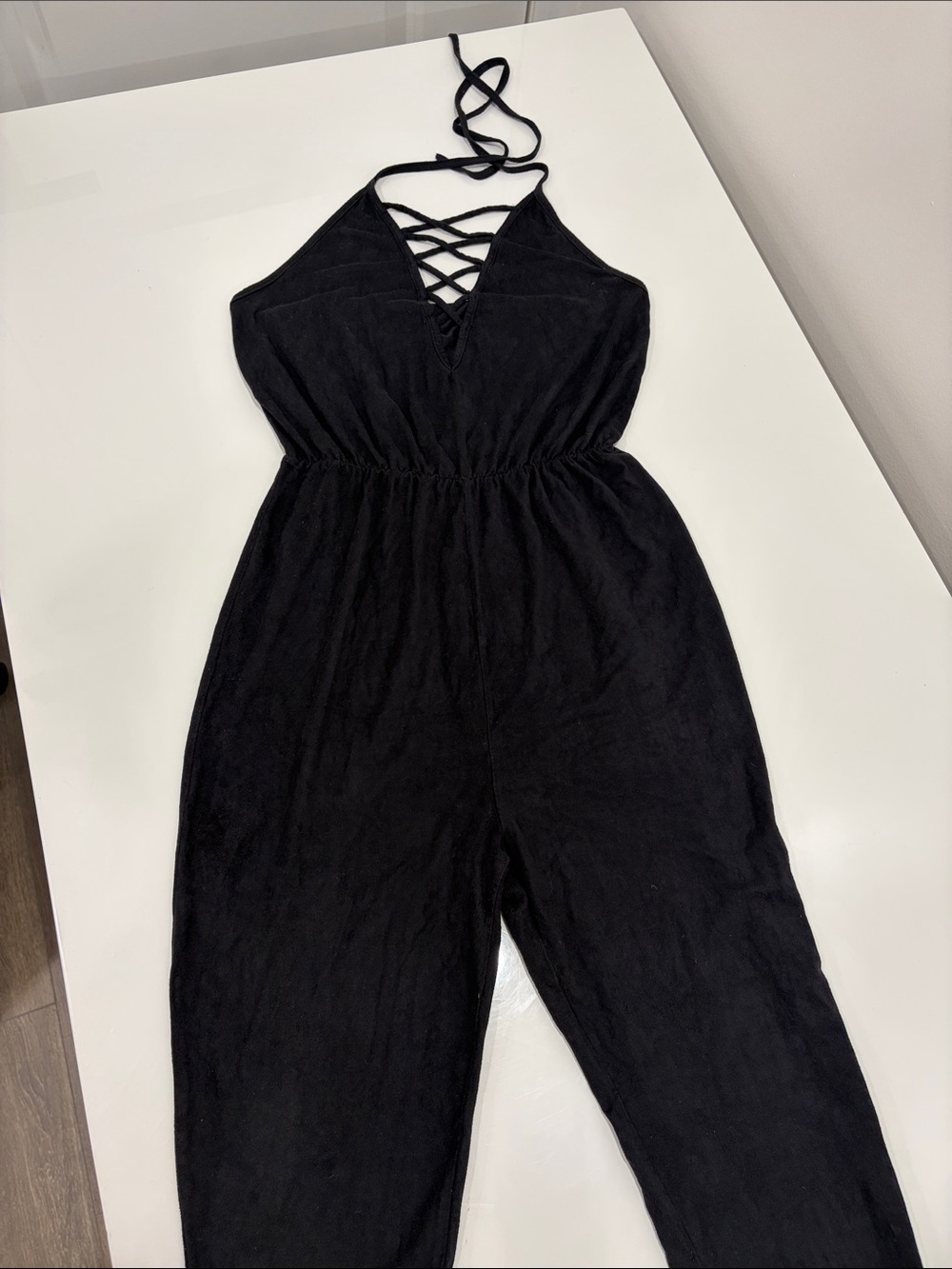 Mendocino Black Halter Jumpsuit with Crisscross Front Suede Material